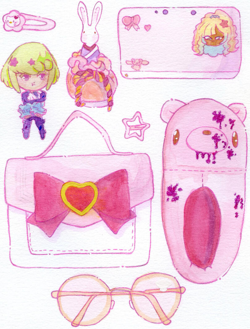 The Loot I’d Drop in A Video Game, Watercolor, Color Pencil, Gouache, and Crayon, 2024